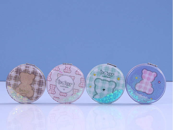 Plaid Bear Glitter Portable Round Mirror