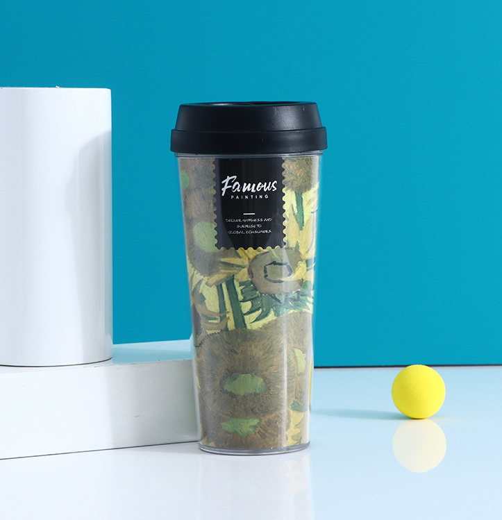 Famous Painting Series Double Layers Anti-scald Plastic Coffee Cup 520ml/17.5fl.oz.(Sunflower)
