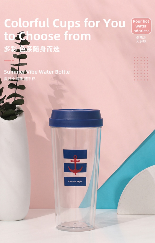 Marine Style Anti-Scald Double Wall Plastic Coffee Mug (Blue)(520ml/17.5fl.oz.)