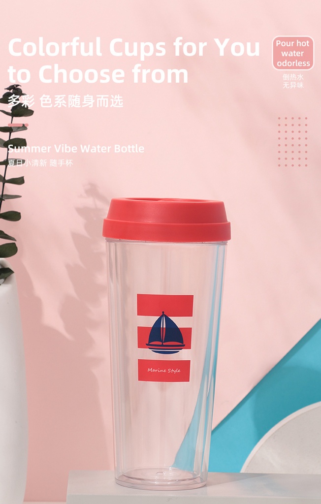Marine Style Anti-Scald Double Wall Plastic Coffee Mug (Red)(520ml/17.5fl.oz.)