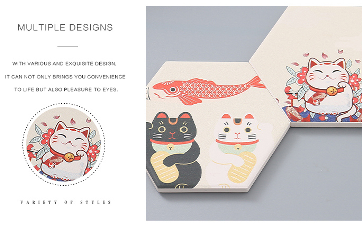 Diatomite Fortune Cat Hexagon Drink Coaster