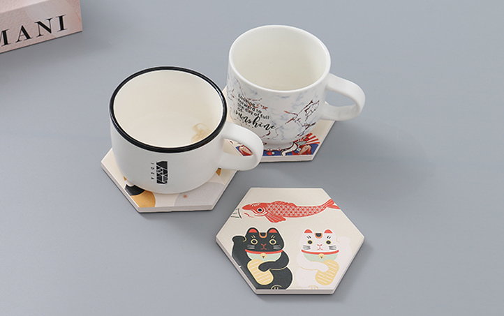 Diatomite Fortune Cat Hexagon Drink Coaster