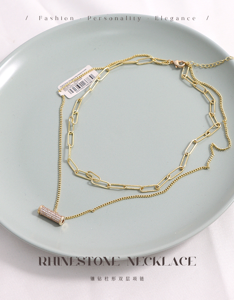 Rhinestone Pillar Pendant Double Layers Necklace