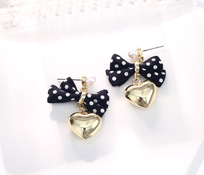 Elegant Black Polka Dot Bow Loving Heart Earrings