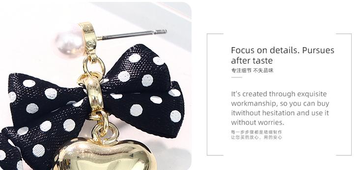 Elegant Black Polka Dot Bow Loving Heart Earrings