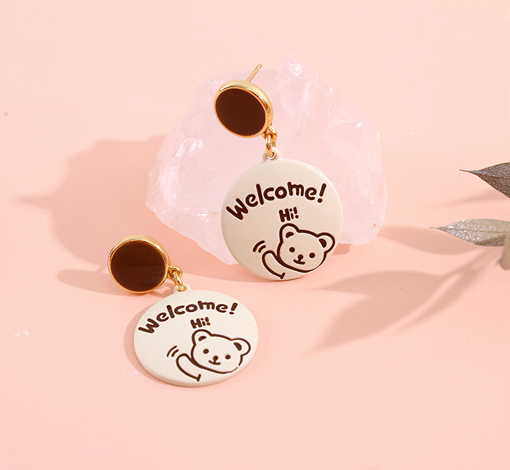925 Silver Needle Cute Bear Disc Earrings