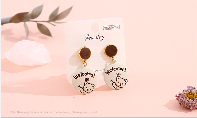 925 Silver Needle Cute Bear Disc Earrings