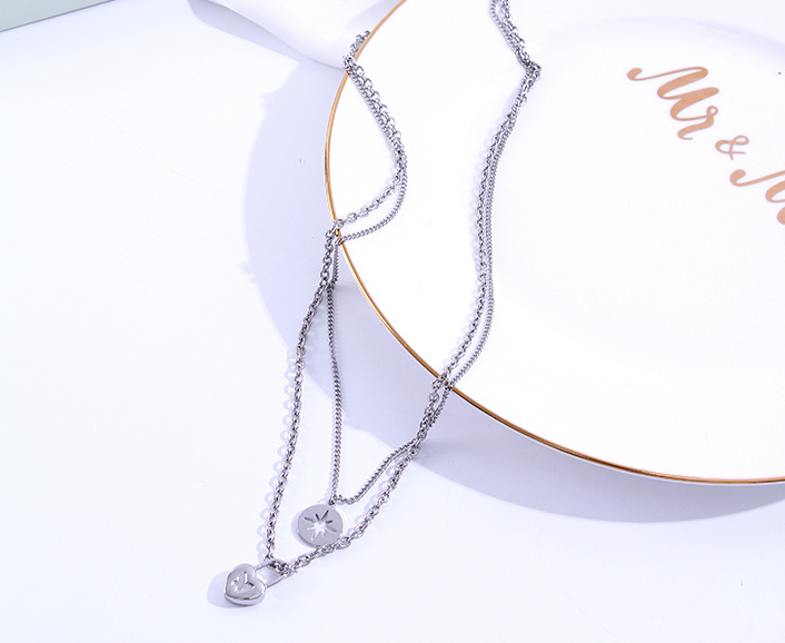 Disc Heart-Shape Lock Two Layers Necklace