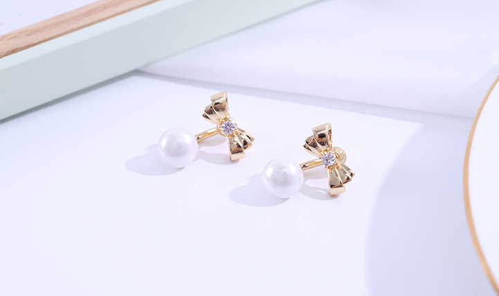 925 Silver Needle Artificial Pearl Bow Double Sided Earrings