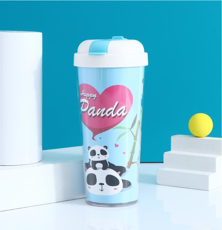 FK001 Happy Panda Double Walls Plastic Cup 520ml/17.5fl.oz.(Blue)