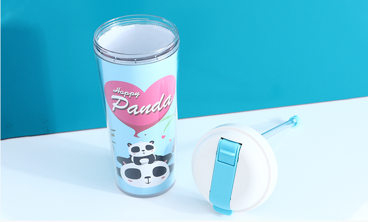 FK001 Happy Panda Double Walls Plastic Cup 520ml/17.5fl.oz.(Blue)