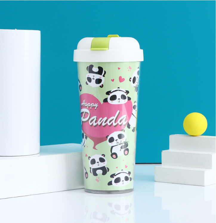 FK002 Happy Panda Double Walls Plastic Cup with Straw 520ml/17.5fl.oz.(Green)