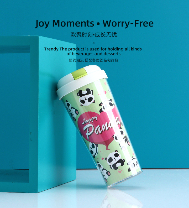 FK002 Happy Panda Double Walls Plastic Cup with Straw 520ml/17.5fl.oz.(Green)