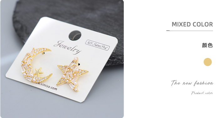 925 Silver Needle Stars Moon Artificial Stone Earrings
