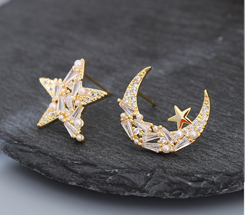 925 Silver Needle Stars Moon Artificial Stone Earrings