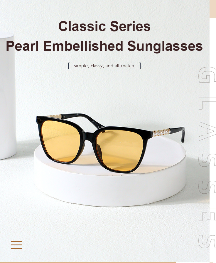 Classic Series Pearl Embellished Women's Sunglasses (Black Frame Yellow Lens)