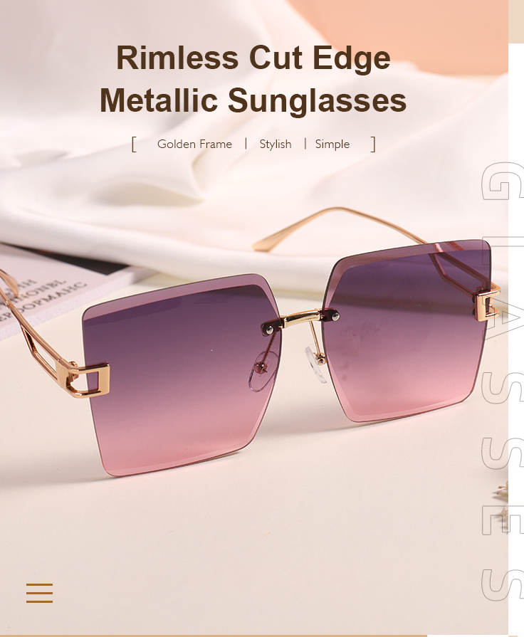 Rimless Cut Edge Metallic Sunglasses (Golden Frame Purple-Pink Lens)