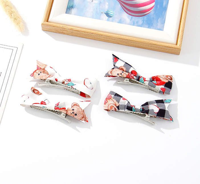 Cute Bear Checks Bow Hair Clip Set