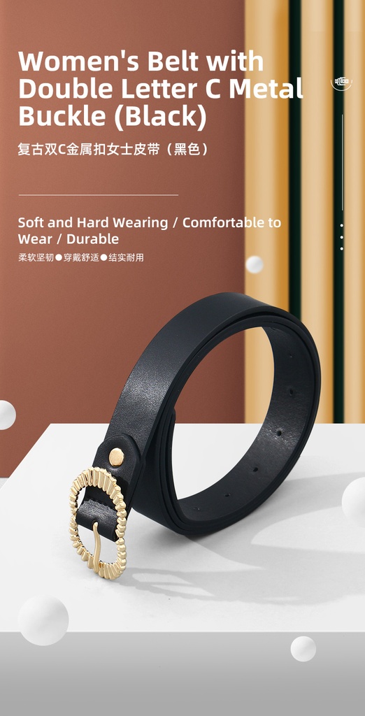 Women's Belt with Double Letter C Metal Buckle (Black)