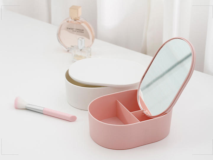 Oval Jewelry Box with Mirror (Pink/White)