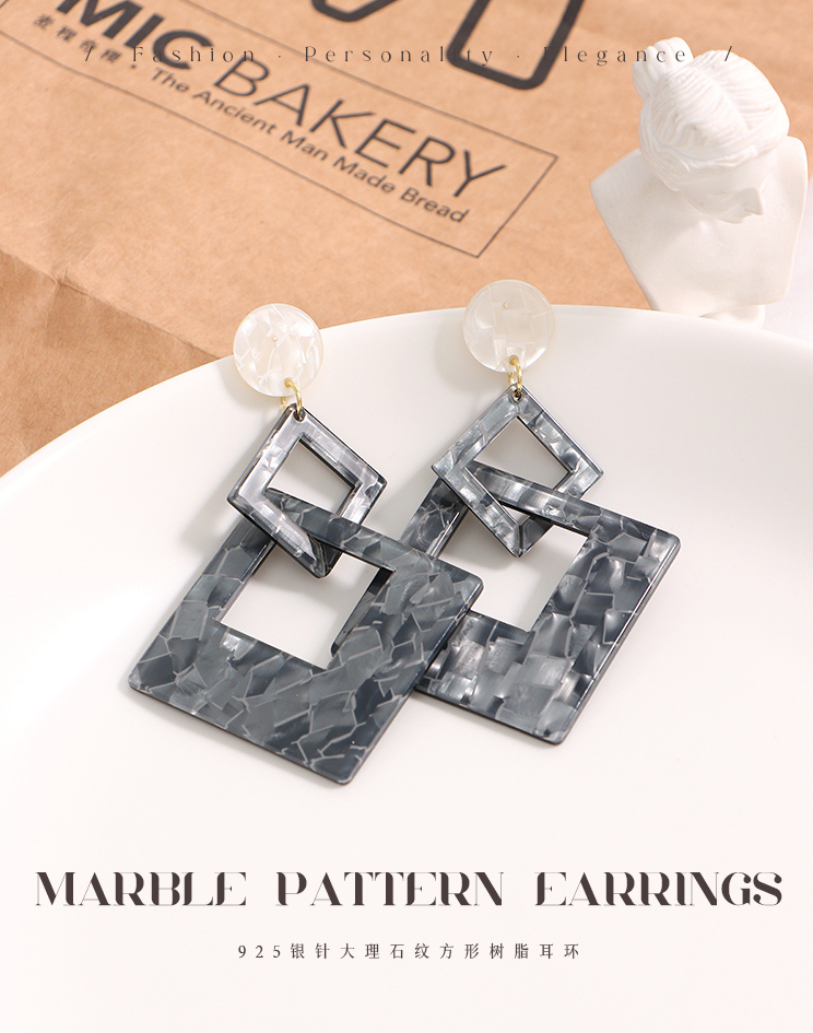 925 Silver Needle Marble Pattern Square Resin Earrings