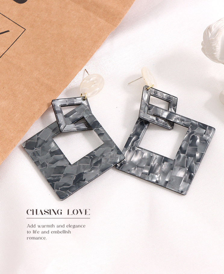 925 Silver Needle Marble Pattern Square Resin Earrings