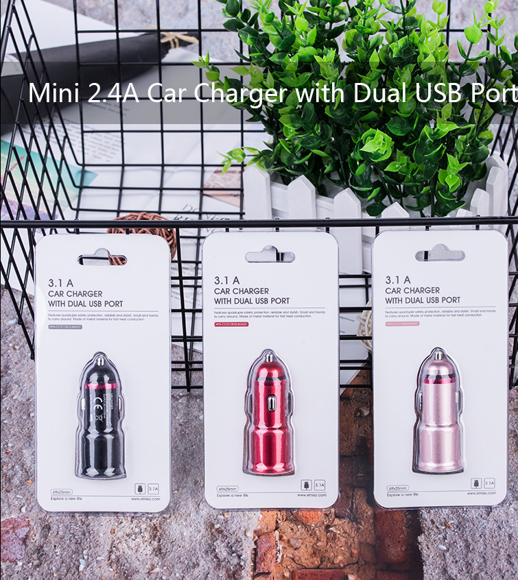 Mini 2.4A Car Charger with Dual USB Port (Red)