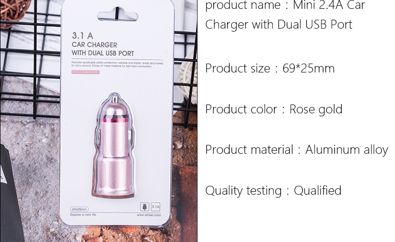 Mini 2.4A Car Charger with Dual USB Port (Gold)