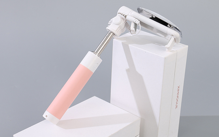 Stainless Steel Wired Selfie Stick With Mirror (Pink)