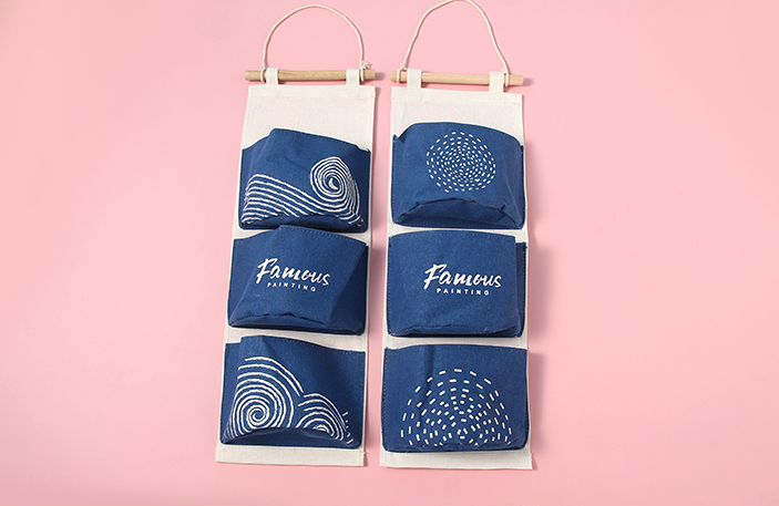 Famous Painting Series Sunflower Hanging Storage Bag with 3 Pockets(Deep Blue)