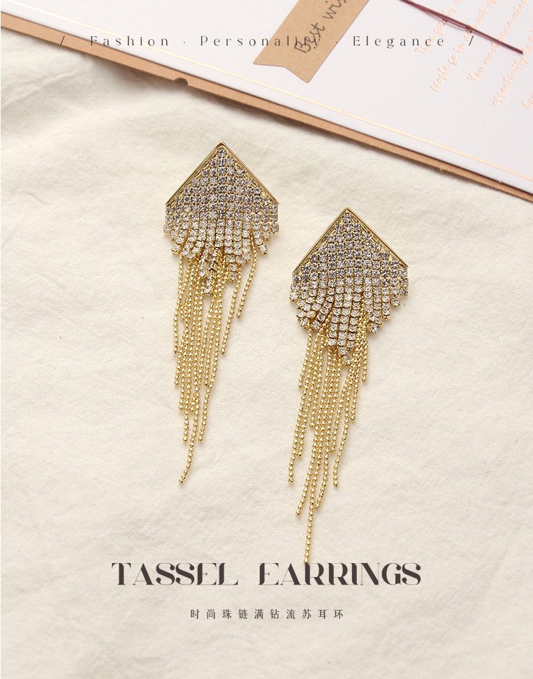 Stylish Bead Chain Rhinestone Tassel Earrings