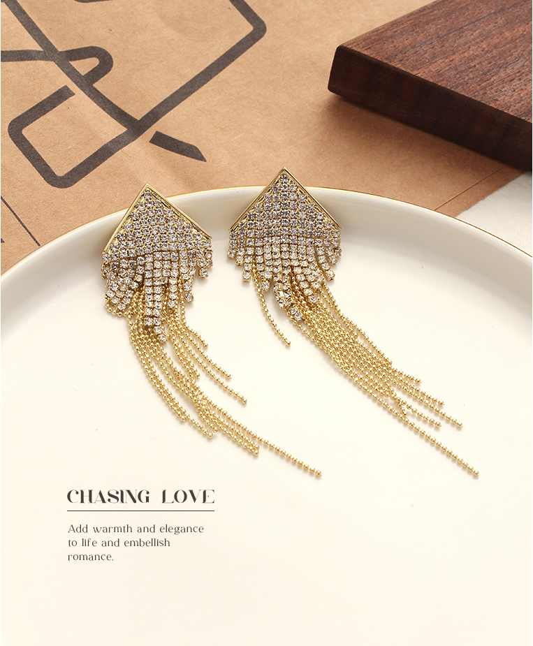 Stylish Bead Chain Rhinestone Tassel Earrings