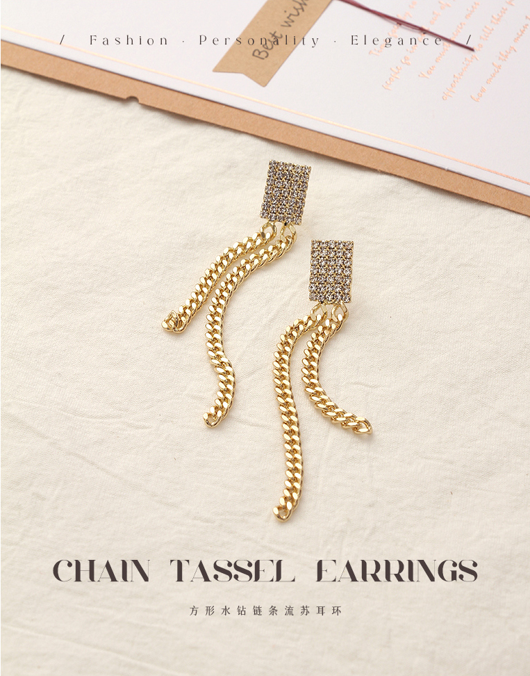 Square Rhinestone Chain Tassel Earrings