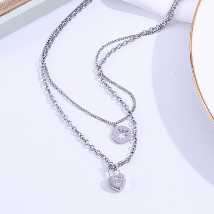 Disc Heart-Shape Lock Two Layers Necklace