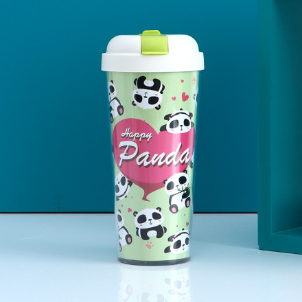 كوب بلاستيك بجدران مزدوجة FK002 Happy Panda مع مصاصة ، 520 مل / 17.5 أونصة سائلة (أخضر)