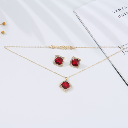 Red Rhinestone Necklace & Earrings Jewelry Set