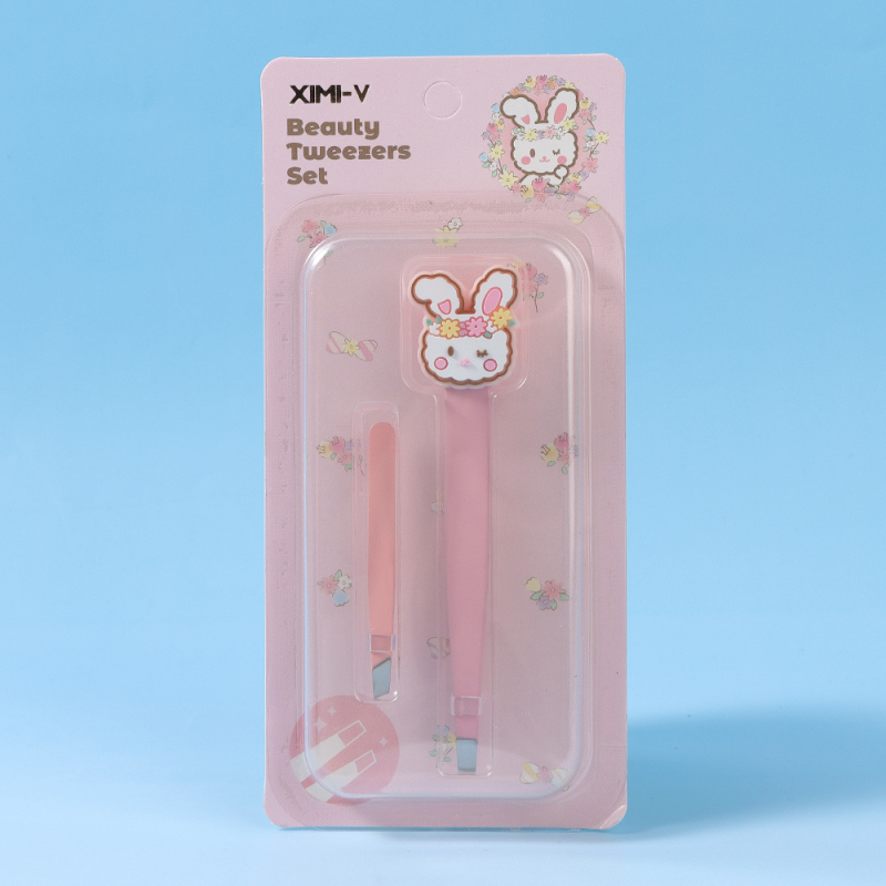 Garden Bunny Beauty Tweezers Set - Large Flat Tip + Small Slant Tip (Pink)