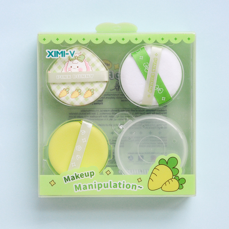 Cute Bunny Series Cosmetic Powder Puff 3PCSSet with Storage Case (Green)