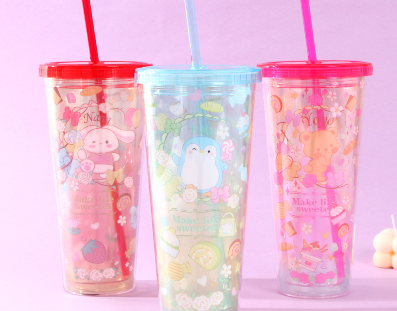 650ml21.97fl.oz. Dessert Series Double-Layer Basic Plastic Cup with Straw