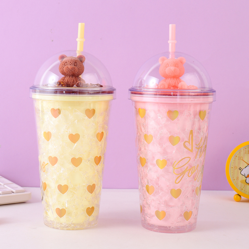 450ml15.21fl.oz. Bear Double-Layer Straw Creative Plastic Cup