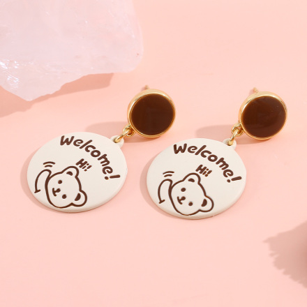 925 Silver Needle Cute Bear Disc Earrings