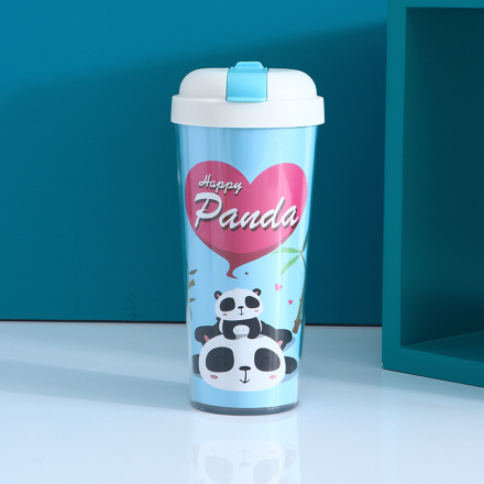 كوب بلاستيكي بجدران مزدوجة FK001 Happy Panda 520 مل / 17.5 أونصة سائلة (أزرق)