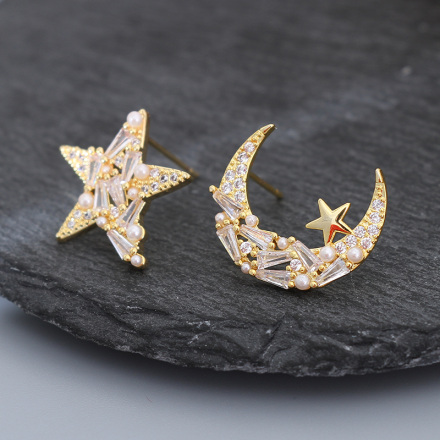 925 Silver Needle Stars Moon Artificial Stone Earrings