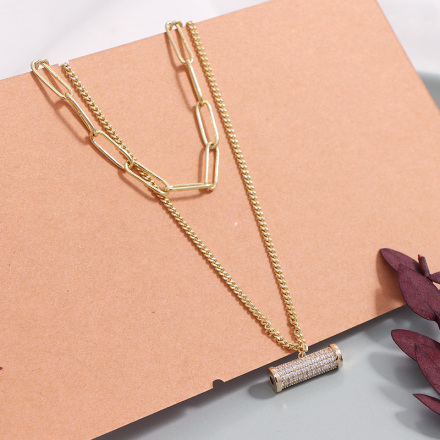 Rhinestone Pillar Pendant Double Layers Necklace