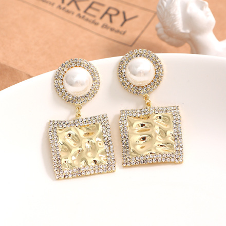 Metal Rhinestone Artificial Pearl Square Earrings