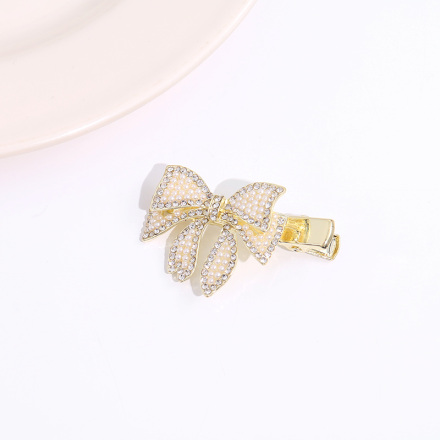 Double Bowknot Artificial Pearl Rhinestone Hair Clip