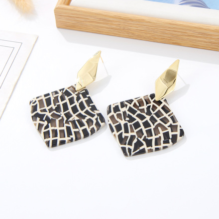 925 Silver Needle Checks Square Resin Earrings