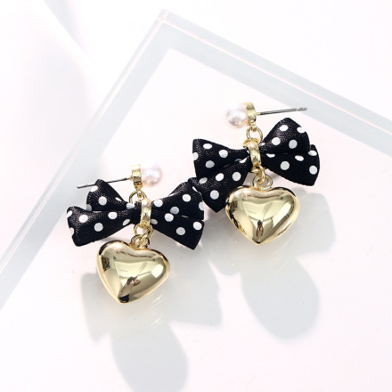 Elegant Black Polka Dot Bow Loving Heart Earrings