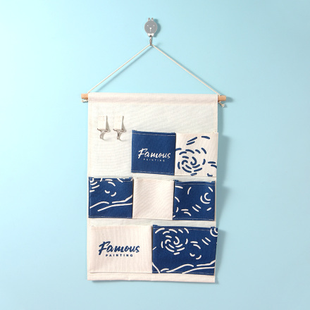 Famous Painting Series Hanging Storage Bag with 7 Pockets and 2 Hooks(Deep Blue)