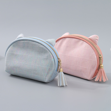 Cat Ears Holographic Plaid Makeup Bag